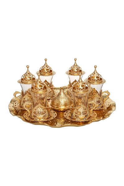 BAZAAR 4 طقم عرض شاي Hürrem بزخارف عثمانية - أصفر Crst706