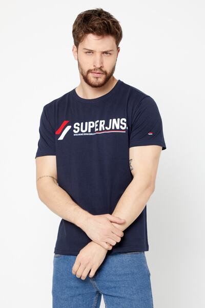 COMEOR Чоловіча темно-синя футболка з короткими рукавами, круглим вирізом та ...