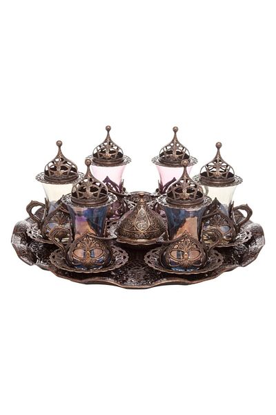 BAZAAR 4 طقم عرض شاي Hürrem ملون بزخارف عثمانية - نحاس عتيق Crst708