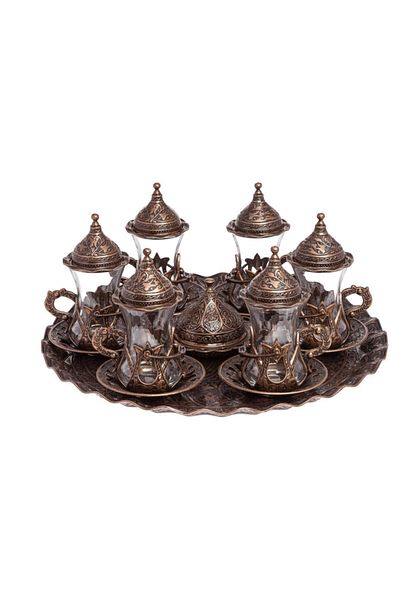 BAZAAR 4 طقم عرض شاي كوسيم بزخارف عثمانية - نحاس عتيق Crst700