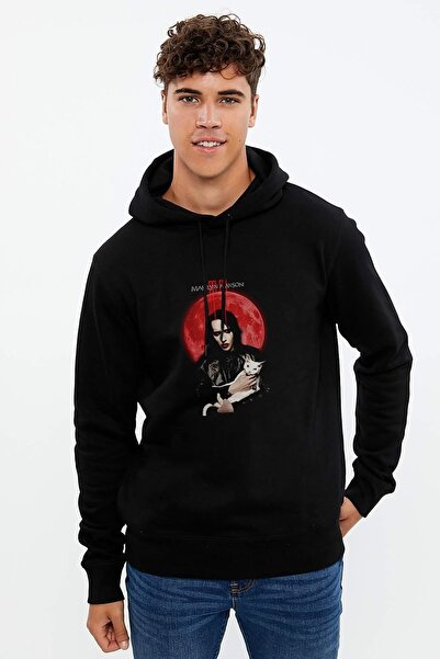 QIVI سويت شيرت مارلين مانسون ميتال روك ميوزيك مطبوع باللون الأسود للرجال بأكم...