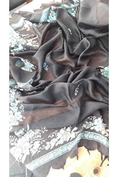 Bohemian Women's Black Floral Patterned Silk Shawl 1601036/014