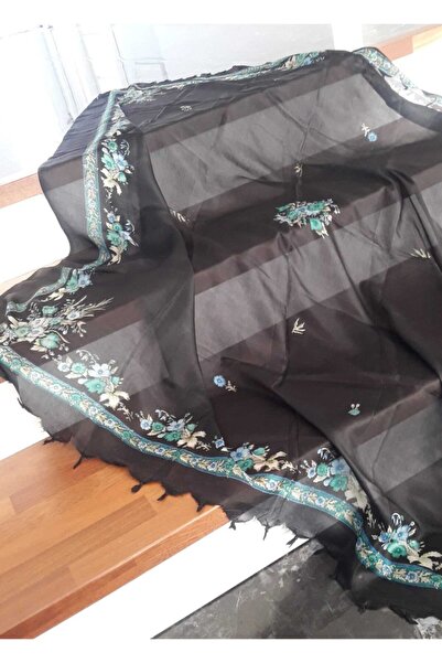 Bohemian Women's Black Floral Patterned Silk Shawl 1601036/014