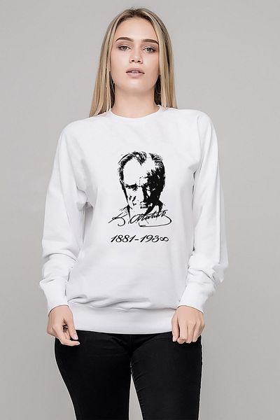 QIVI K Atatürk Signature 1881 1938 Γυναικείο πλεκτό φούτερ με στάμπα λευκό μακρυμάνικο