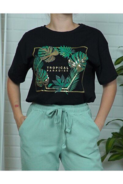 Kadın Siyah Tropical Desenli Tshirt