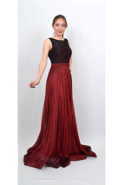 ALİS DRESS Kadın Kırmızı Siyah Üst Kısmı Dantel Simli Pilise Etekli Abiye