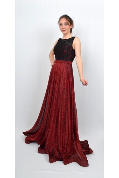 ALİS DRESS Kadın Kırmızı Siyah Üst Kısmı Dantel Simli Pilise Etekli Abiye