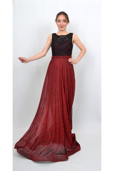 ALİS DRESS Kadın Kırmızı Siyah Üst Kısmı Dantel Simli Pilise Etekli Abiye