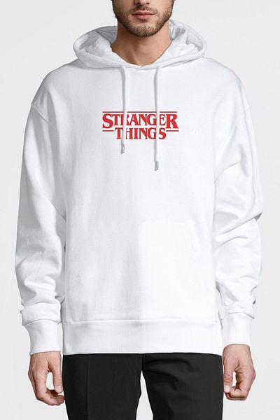 QIVI Stranger Things Κόκκινο λογότυπο με στάμπα λευκό ανδρικό πλεκτό φούτερ με κουκούλα μακρυμάνικο