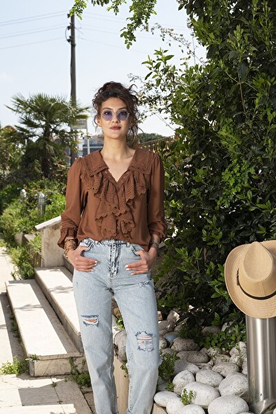 ESQ Kadın Kahverengi Önü Volanlı Fistolu Gömlek