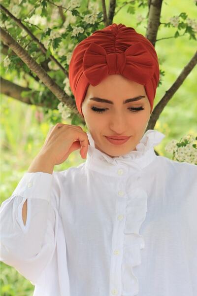 Sahra Şal Dünyası Kadın Kiremit Fiyonklu Bone Iki Yönlü