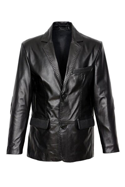 Sanalbolluk Genuine Leather Buttoned Black Color Men's Leather Coat with Stit...