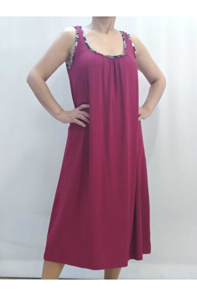 Mertcan Butik Burgundy Dress with Gathered Patterned Piping Detail on the Front and Back