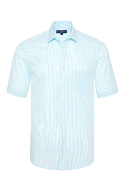 Germirli Erkek Turkuaz Beyaz Çizgili Kısa Kollu Klasik Yaka Cepli Tailor Fit ...