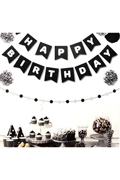 Huzur Party Store Siyah Üstüne Gümüş Gri Yaldızlı Happy Birthday Yazılı Doğum...