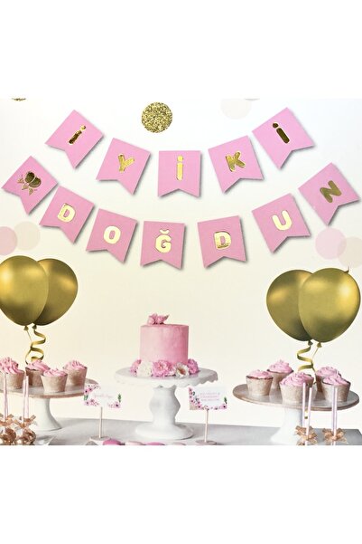 Huzur Party Store Pink Gold Gold Yellow Gilded Happy Birthday Written Birthda...