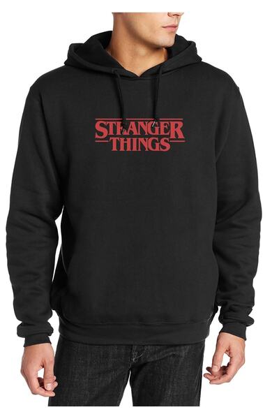 QIVI Men's Black Stranger Things Logo Printed Long Sleeve Knitted Hooded Swea...
