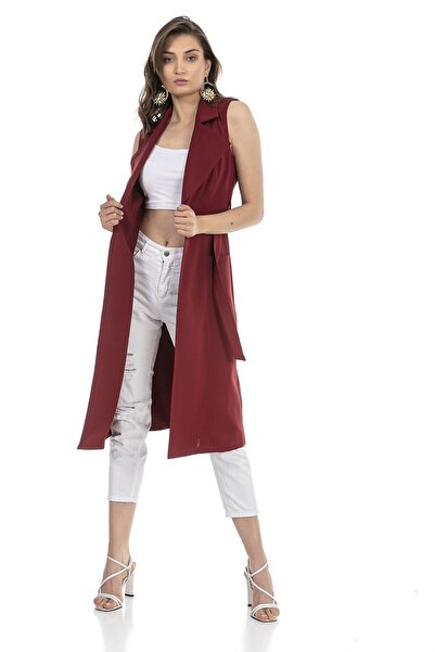 DISENTIS MODEST Vestă midi cu guler clasic roșu Claret - cu buzunare și curea