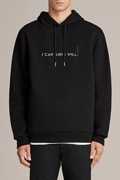 QIVI سويت شيرت رجالي أسود محبوك بقلنسوة مطبوع عليه عبارة "I Can And I Wil" بأ...