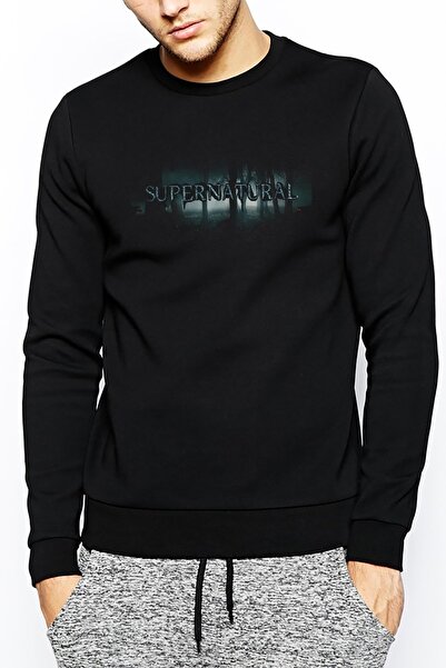 QIVI Supernatural Printed Black Men's Knitted Sweatshirt Long Sleeve