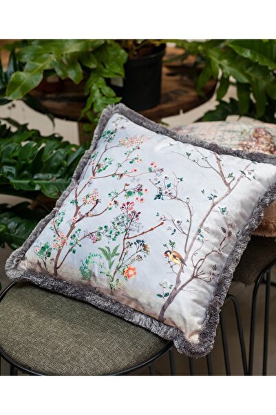 Adawall Gri Kuşlu Bahçe Dekoratif Kırlent