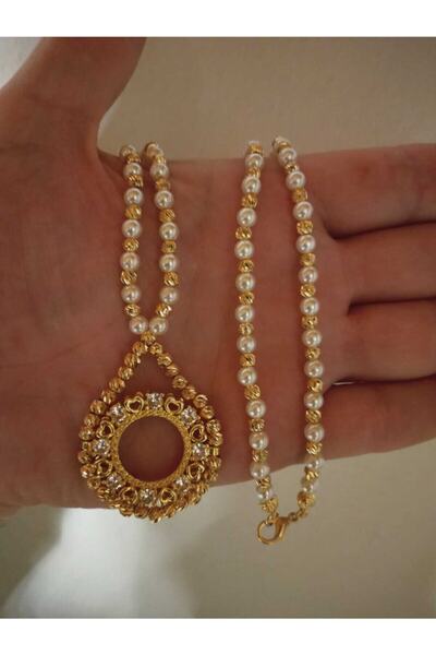 GEZERGOLD TAKI Çeyrek Kolye Incili Dorika Altın Kaplama Zirkon Taşlı