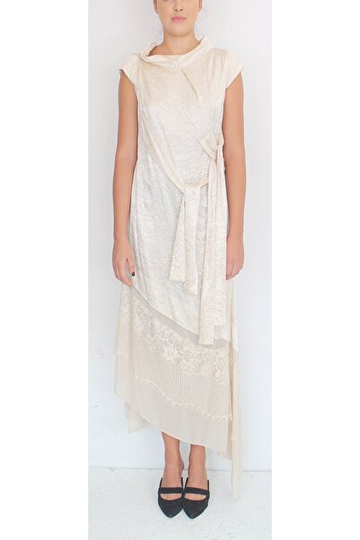 belma özdemir Kadın Krem Crash Dokulu Yarı Abiye Elbise