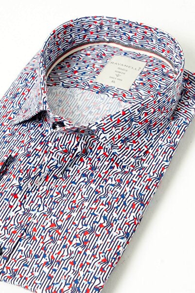 RAVANELLI 100% Cotton Stripe Printed Slim Fit Long Sleeve Shirt