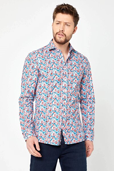 RAVANELLI Μακρυμάνικο πουκάμισο 100% βαμβακερό τυρκουάζ λουλούδι με στάμπα