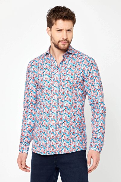 RAVANELLI Μακρυμάνικο πουκάμισο 100% βαμβακερό τυρκουάζ λουλούδι με στάμπα