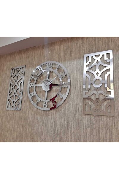 TUĞBArt 3lü Duvar Saati Ve Dekor Türk Rakamlı Time Collection Aynalı Pleksi Saat 40x40cm Dekor 19x42cm Gümüş