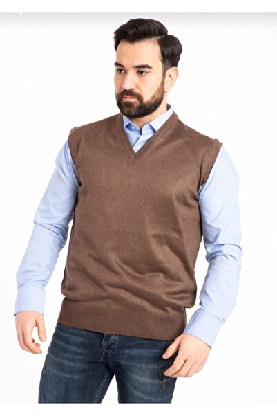 MaviMoure جلد سويدي بني برقبة على شكل حرف V للرجال