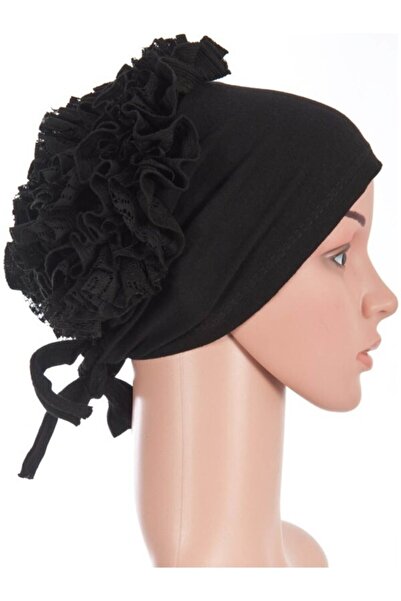 Beyaz İnci Bone Arkası Fırfırlı Bone Siyah