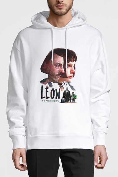 QIVI Mathilda & Leon The Power of Love The printed λευκό ανδρικό πλεκτό φούτερ με κουκούλα μακρυμάνικο