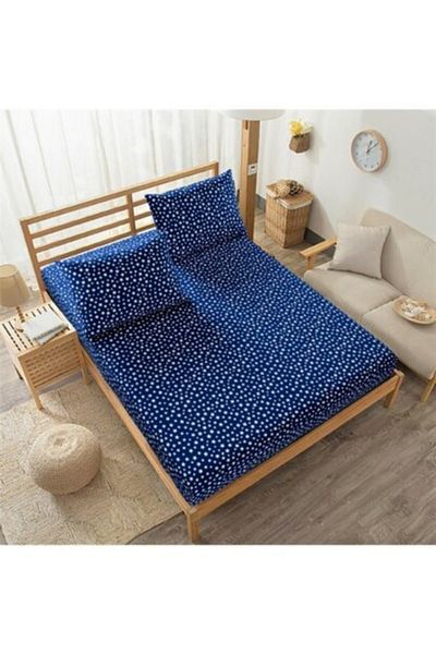 mer-tim ezberbozan ev tekstili Mer-tim Cotton Ranforce Single Navy Blue Star Patterned Elastic Sheet Set - 90x190