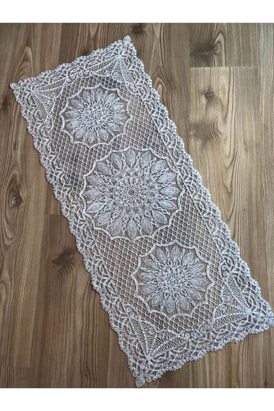 WENESSİ Model Fagure Anglez Snur Brodat Tulle Runner Argintiu Sclipici 120cm