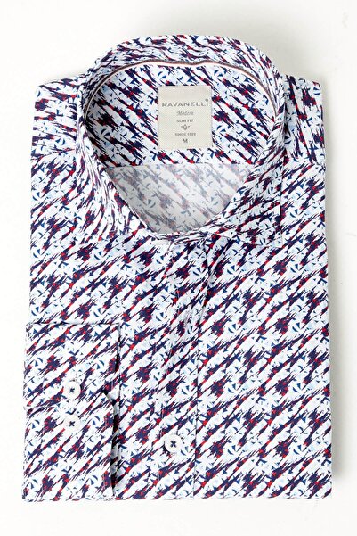 RAVANELLI 100% Cotton Navy Blue Printed Slim Fit Long Sleeve Shirt