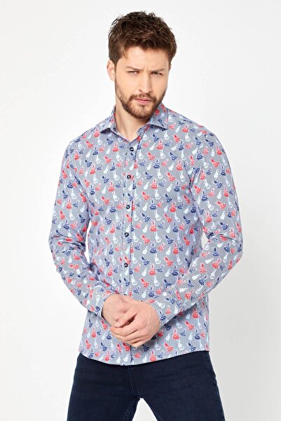 RAVANELLI 100% Cotton Stripe Printed Slim Fit Long Sleeve Shirt