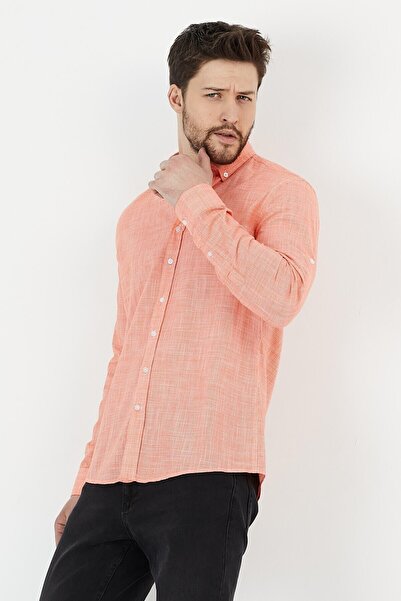 RAVANELLI Orange 100% Cotton Slim Fit Long Sleeve Linen Shirt