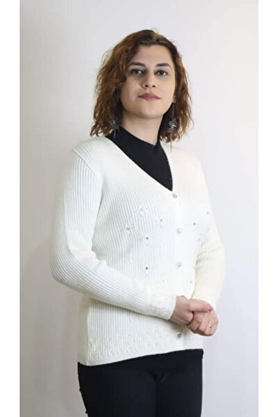 Uludağ Triko Cardigan cu nasturi crem pentru femei 5421