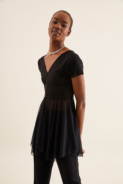 Quincey Women's Black V-Neck Tulle Detail Tunic