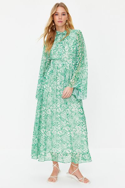 Trendyol Modest Βραδινό φλοράλ φόρεμα σιφόν με πράσινη υφαντή γραμμή TCTSS24DB00015