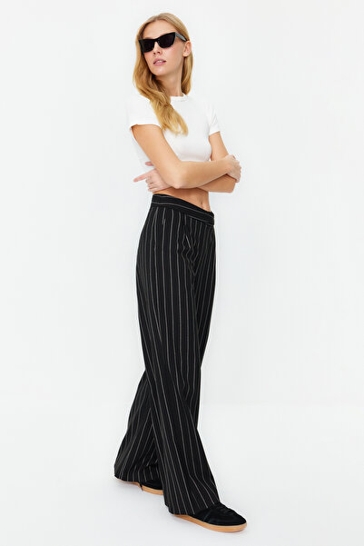 Trendyol Collection Black Wide Leg/Wide Leg Glitter Detailed Striped Woven Trousers TWOSS23PL00223