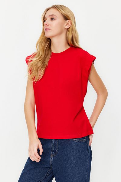 Trendyol Collection Piros, 100% pamut vatta kinézetű Basic Crew nyakú kötött póló TWOSS20TS0021
