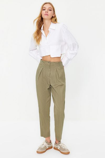 Trendyol Collection Khaki pamut sárgarépa mintás csíkos részletes szövött nadrág TWOAW22PL0342