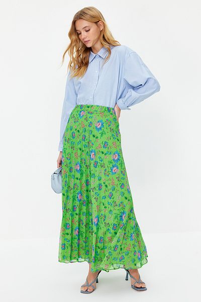 Trendyol Modest Zöld rakott virágmintás bélelt sifon szőtt szoknya TCTSS23EE00032