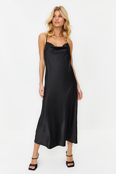 Trendyol Collection Rochie Neagra Tesuta Satin - Accesoriu, TPRSS24EL00002
