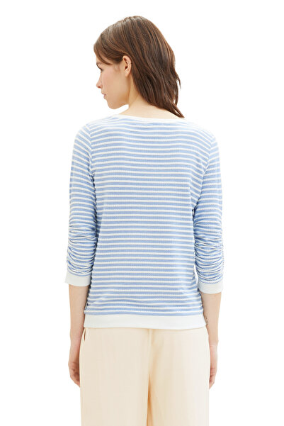 Tom Tailor Denim középkék fehér szerkezeti csíkos Pulóver Felnőtteknek