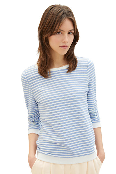 Tom Tailor Denim középkék fehér szerkezeti csíkos Pulóver Felnőtteknek