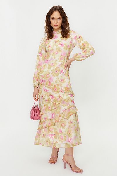 Trendyol Modest Πράσινη φλοράλ φούστα Φόρεμα από υφαντό σιφόν με βολάν TCTSS24EB00036